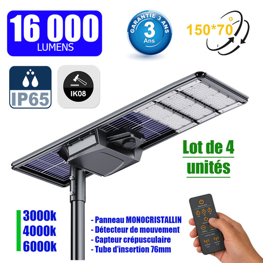 Lot de 4x Lampes de rue solaires - Série STARSHIP ELITE - 16 000 Lumens - Angle 150x70° - IP65 - 3000k/4000k/6000k au choix - Structure ALUMINIUM - Tube d'insertion 76mm - Régulateur MPPT - Détecteur de mouvement - Télécommande - Garantie 3 ans