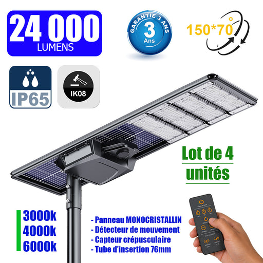 Lot de 4x Lampes de rue solaires - Série STARSHIP ELITE - 24 000 Lumens - Angle 150x70° - IP65 - 3000k/4000k/6000k au choix - Structure ALUMINIUM - Tube d'insertion 76mm - Régulateur MPPT - Détecteur de mouvement - Télécommande - Garantie 3 ans