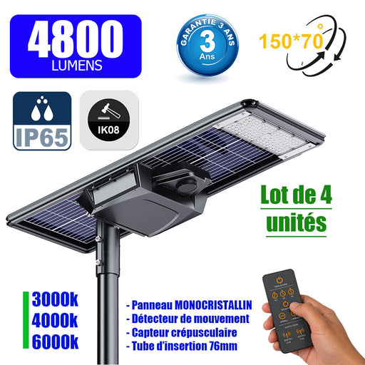 Lot de 4x Lampes de rue solaires - Série STARSHIP ELITE - 4800 Lumens - Angle 150x70° - IP65 - 3000k/4000k/6000k au choix - Structure ALUMINIUM - Tube d'insertion 76mm - Régulateur MPPT - Détecteur de mouvement - Télécommande - Garantie 3 ans