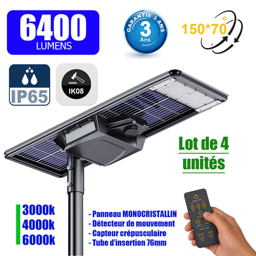 Lot de 4x Lampes de rue solaires - Série STARSHIP ELITE - 6400 Lumens - Angle 150x70° - IP65 - 3000k/4000k/6000k au choix - Structure ALUMINIUM - Tube d'insertion 76mm - Régulateur MPPT - Détecteur de mouvement - Télécommande - Garantie 3 ans