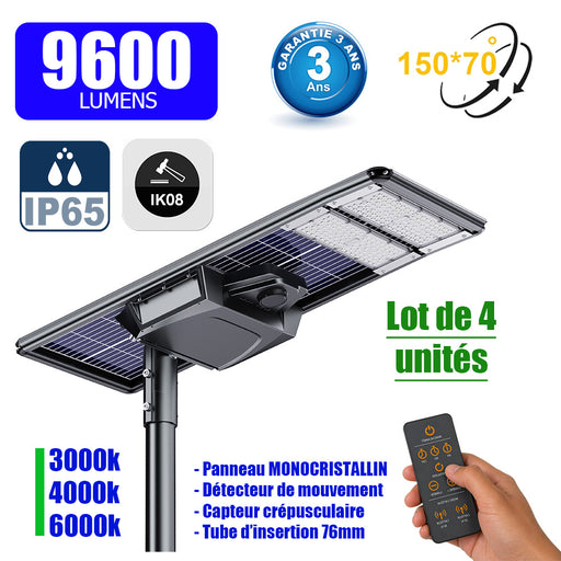 Lot de 4x Lampes de rue solaires - Série STARSHIP ELITE - 9600 Lumens - Angle 150x70° - IP65 - 3000k/4000k/6000k au choix - Structure ALUMINIUM - Tube d'insertion 76mm - Régulateur MPPT - Détecteur de mouvement - Télécommande - Garantie 3 ans