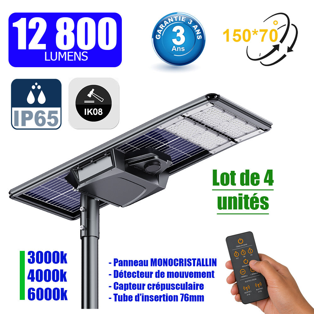 Lot de 4x Lampes de rue solaires - Série STARSHIP ELITE - 12 800 Lumens - Angle 150x70° - IP65 - 3000k/4000k/6000k au choix - Structure ALUMINIUM - Tube d'insertion 76mm - Régulateur MPPT - Détecteur de mouvement - Télécommande - Garantie 3 ans