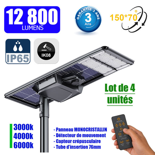 Lot de 4x Lampes de rue solaires - Série STARSHIP ELITE - 12 800 Lumens - Angle 150x70° - IP65 - 3000k/4000k/6000k au choix - Structure ALUMINIUM - Tube d'insertion 76mm - Régulateur MPPT - Détecteur de mouvement - Télécommande - Garantie 3 ans