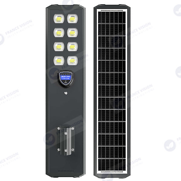 Lampe de rue solaire - Série STARSHIP ULTRA BLACK - Rendu lumineux 2000 Watts - 5000 Lumens - 6000k - Angle 140*70° - IP65 - Structure aluminium - Dimensions 108 x 22 x 8 cm - Tube 60mm - Contrôle intelligent - Détecteur de mouvement - Télécommande