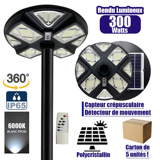 Lot de 5x Lampes solaires pour extérieur - Série OVNI CRYSTAL V2 - 300 Watts - 1900 Lumens - Angle 360° - IP65 - Lampe 55 x 55 cm - Panneau polycristallin 42 x 35 cm - Tube d'insertion 60/76 mm - Détecteur de mouvement - Télécommande - 6000k
