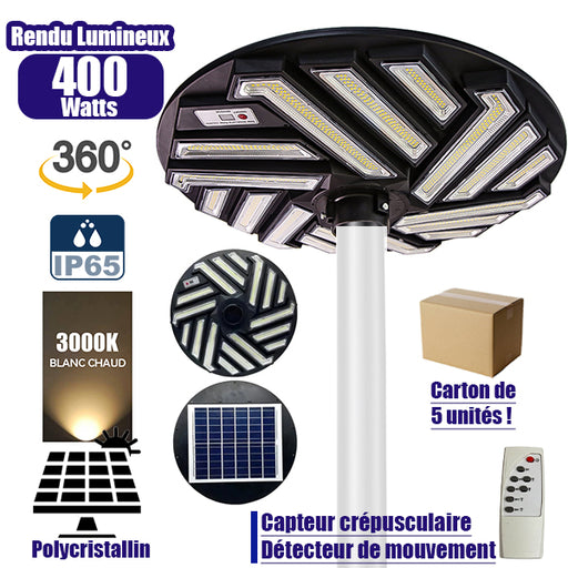 Lot de 2x Lampes solaires pour extérieur - Série OVNI EMERAUDE - 400 Watts - 2300 Lumens - Angle 360° - IP65 - Lampe 61 x 61 cm - Panneau polycristallin 48 x 35 cm - Tube d'insertion 60/76 mm - Détecteur de mouvement - Télécommande - 3000k