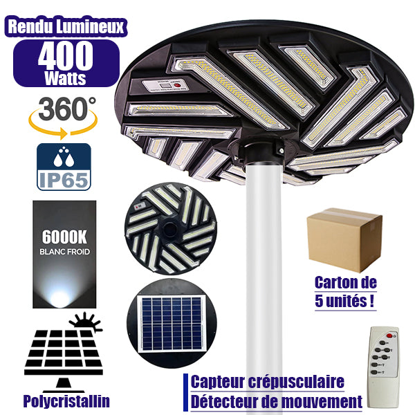 Lot de 2x Lampes solaires pour extérieur - Série OVNI EMERAUDE - 400 Watts - 2300 Lumens - Angle 360° - IP65 - Lampe 61 x 61 cm - Panneau polycristallin 48 x 35 cm - Tube d'insertion 60/76 mm - Détecteur de mouvement - Télécommande - 6000k