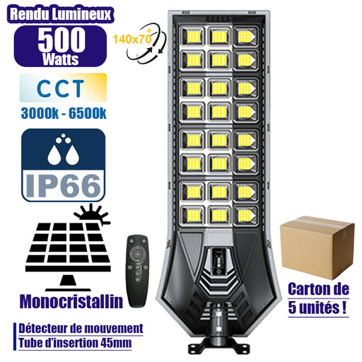 Lot de 5x Lampadaires solaires de rue / parking - Série POWER ULTRA V2 CCT (Couleur Changeante en Température) - 500 Watts - 2400 Lumens - Angle 140*70° - IP66 - 69 x 27 x 7 cm - Télécommande - Détecteur de mouvement - Tube d’insertion 45 mm