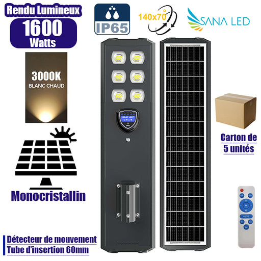 Lot de 5x Lampes de rue solaire - Série STARSHIP ULTRA BLACK - Rendu lumineux 1600W - 4400 Lumens - 3000k - Angle 140*70° - IP65 - Structure aluminium - Dimensions 98 x 22 x 8 cm - Tube 60mm - Contrôle intelligent - Détecteur de mouvement - Télécommande