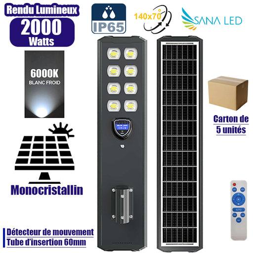 Lot de 5x Lampes de rue solaire - Série STARSHIP ULTRA BLACK - Rendu lumineux 2000W - 5000 Lumens - 6000k - Angle 140*70° - IP65 - Structure aluminium - Dimensions 108 x 22 x 8 cm - Tube 60mm - Contrôle intelligent - Détecteur de mouvement - Télécommande