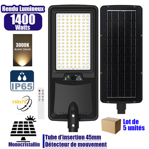 Lot de 5x Lampes de rue LED solaires - Série VIEW V2 EVO  - 1400 Watts - 4500 Lumens - 3000k - Angle 140*70° - IP65 - 64 x 26 x 7 cm - Panneau Monocristallin - Batterie 25Ah - Détecteur de mouvement - Télécommande - Tube d'insertion 45mm