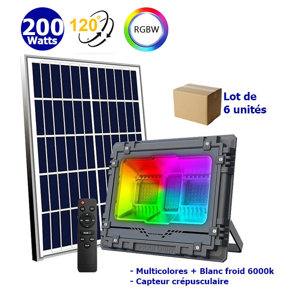 Lot de 6x Projecteurs LED solaires - Série WARRIOR RGBW (Multicolores + Blanc) - 200 Watts - Angle 120° - Lampe 31 x 24 x 7 cm - Panneau solaire 43 x 35 cm - IP67 - Avec télécommande - Avec capteur crépusculaire
