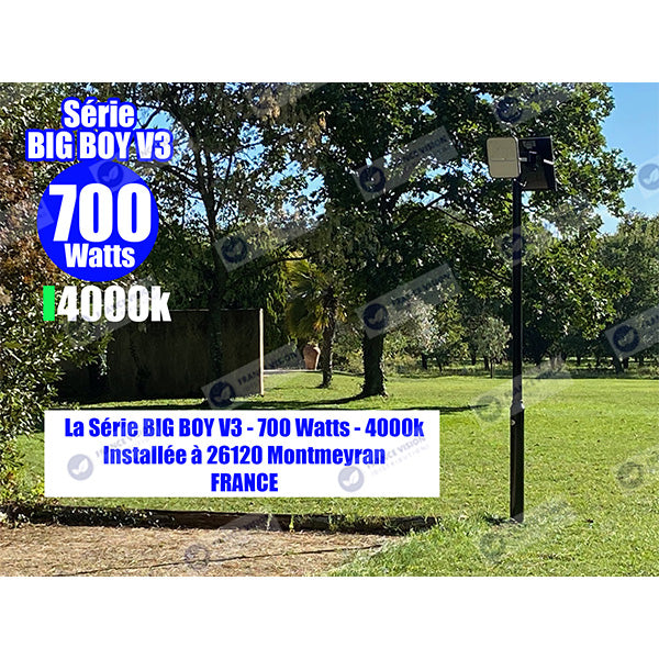 Lot de 5x Projecteurs LED solaires - Série BIG BOY V3 - 400 Watts - 2100 Lumens - 90° - IP65 - Lampe 28 x 23 x 5 cm - Modèle NOIR - Panneau solaire MONOCRISTALLIN FULL BLACK 39 x 30 x 2 cm - Télécommande - 6000k - Structure ALUMINIUM