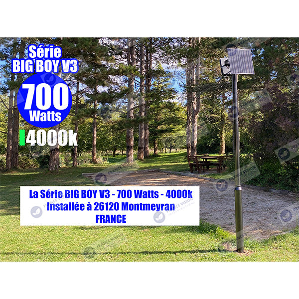 Lot de 5x Projecteurs LED solaires - Série BIG BOY V3 - 400 Watts - 2100 Lumens - 90° - IP65 - Lampe 28 x 23 x 5 cm - Modèle NOIR - Panneau solaire MONOCRISTALLIN FULL BLACK 39 x 30 x 2 cm - Télécommande - 6000k - Structure ALUMINIUM