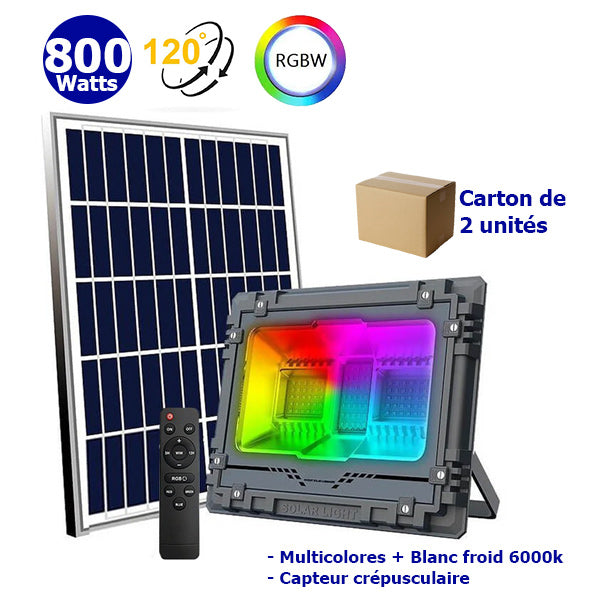 Carton / Lot de 2x Projecteurs LED solaires - Série WARRIOR RGBW (Multicolores + Blanc) - 800 Watts - Angle 120° - Lampe 38,5 x 30,3 x 8cm - IP67 - Avec télécommande