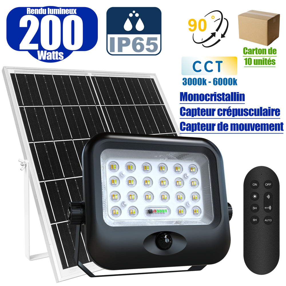 Lot de 10x Projecteurs LED solaires - Série SECURITY V4 - CCT - Rendu lumineux 200 Watts - 1600 Lumens - Angle 90° - IP65 - Lampe 23 x 18 x 5 cm - Panneau MONOCRISTALLIN FULL BLACK 27 x 18 x 2 cm - Avec détecteur de mouvement - Avec télécommande