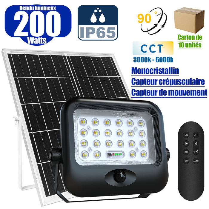 Lot de 10x Projecteurs LED solaires - Série SECURITY V4 - CCT - Rendu lumineux 200 Watts - 1600 Lumens - Angle 90° - IP65 - Lampe 23 x 18 x 5 cm - Panneau MONOCRISTALLIN FULL BLACK 27 x 18 x 2 cm - Avec détecteur de mouvement - Avec télécommande