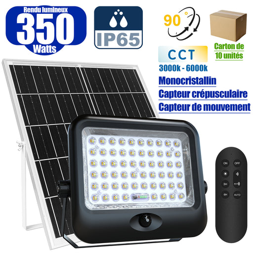 Lot de 10x Projecteurs LED solaires - Série SECURITY V4 - CCT - Rendu lumineux 350 Watts - 3200 Lumens - Angle 90° - IP65 - Lampe 28 x 22 x 5 cm - Panneau MONOCRISTALLIN FULL BLACK 35 x 24 x 2 cm - Avec détecteur de mouvement - Avec télécommande