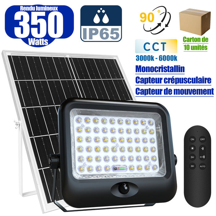 Lot de 10x Projecteurs LED solaires - Série SECURITY V4 - CCT - Rendu lumineux 350 Watts - 3200 Lumens - Angle 90° - IP65 - Lampe 28 x 22 x 5 cm - Panneau MONOCRISTALLIN FULL BLACK 35 x 24 x 2 cm - Avec détecteur de mouvement - Avec télécommande