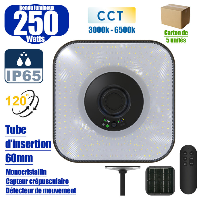 Lot de 5x Lampes solaires - Série OVNI SUN FLOWER V2 250 - CCT (3000k+6500k) - Rendu Lumineux 250 Watts - 1500 Lumens - Angle 120° - IP65 - 44 x 44 x 10 cm - Panneau MONOCRISTALLIN - Détecteur de mouvement - Télécommande - Capteur crépusculaire