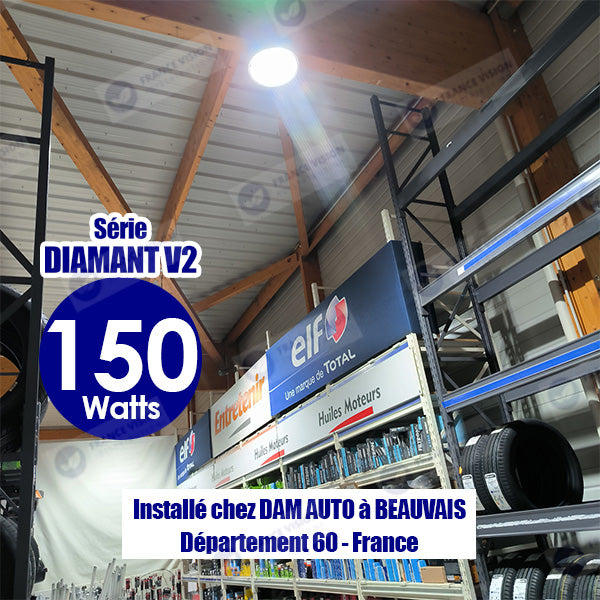 Lot de 10x Lampes industrielles Driverless - UFO - Série DIAMANT V2 - 150 Watts - 15 000 Lumens - 100 Lumens/Watt - Angle 90° - IP65 - 260 x 34 cm - 4500k - Protectionà l'impact IK08 - Câble 30cm