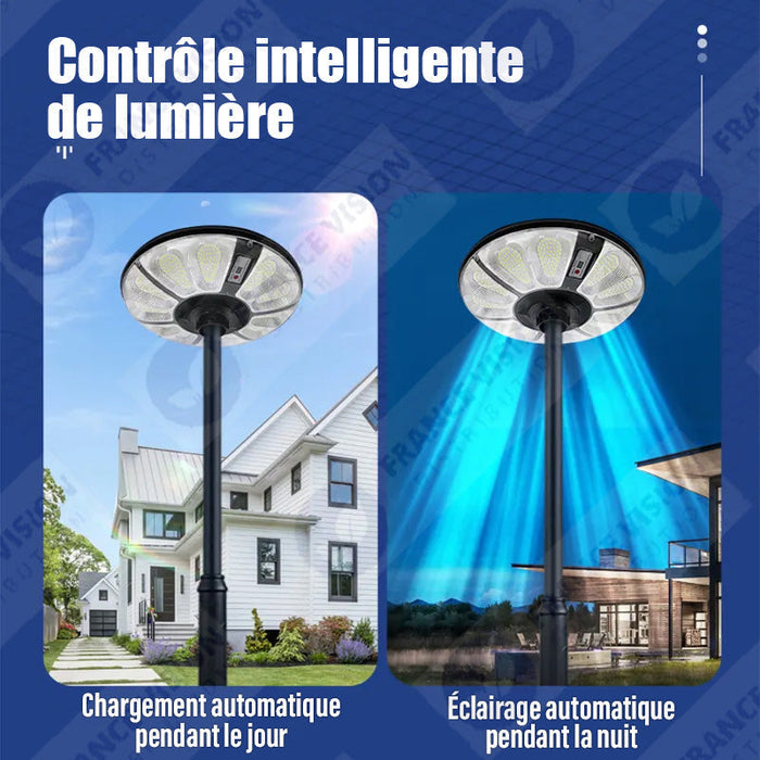 Lot de 5x Lampes solaires pour extérieur - Série OVNI CRYSTAL - 250 Watts - 1500 Lumens - Angle 360° - IP65 -  Lampe 55 x 55 x 6 cm - Tube d'insertion 60/76 mm - Panneau polycristallin 36 x 42 cm - Détecteur de mouvement - Télécommande - 3000k