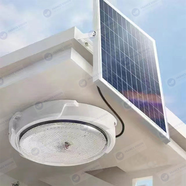 Double Plafonnier LED Solaire CCT (Couleur Changeante en Température ) - Rendu lumineux 200 Watts - Série HOME DOUBLE 200 – 2x 1100 Lumens - Lampe diamètre 36 cm - Panneau solaire 70 x 35 x 2 cm - IP65 - Avec télécommande multifonctions