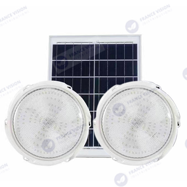 Double Plafonnier LED Solaire CCT (Couleur Changeante en Température ) - Rendu lumineux 200 Watts - Série HOME DOUBLE 200 – 2x 1100 Lumens - Lampe diamètre 36 cm - Panneau solaire 70 x 35 x 2 cm - IP65 - Avec télécommande multifonctions