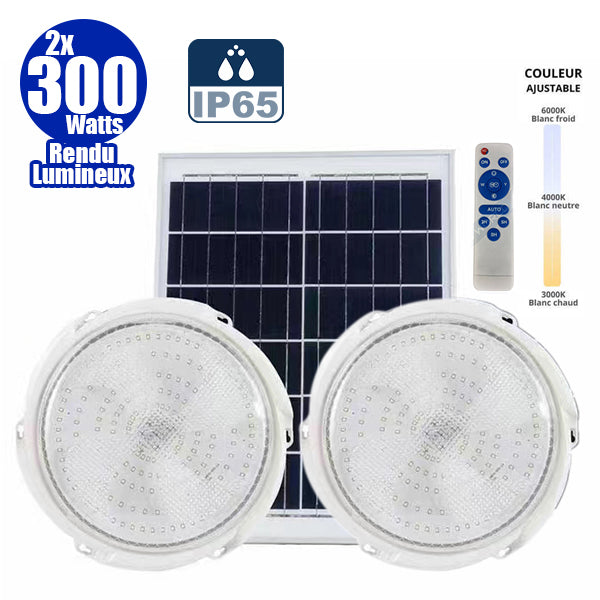 Double Plafonnier LED Solaire CCT (Couleur Changeante en Température ) - Rendu lumineux 200 Watts - Série HOME DOUBLE 200 – 2x 1100 Lumens - Lampe diamètre 36 cm - Panneau solaire 70 x 35 x 2 cm - IP65 - Avec télécommande multifonctions