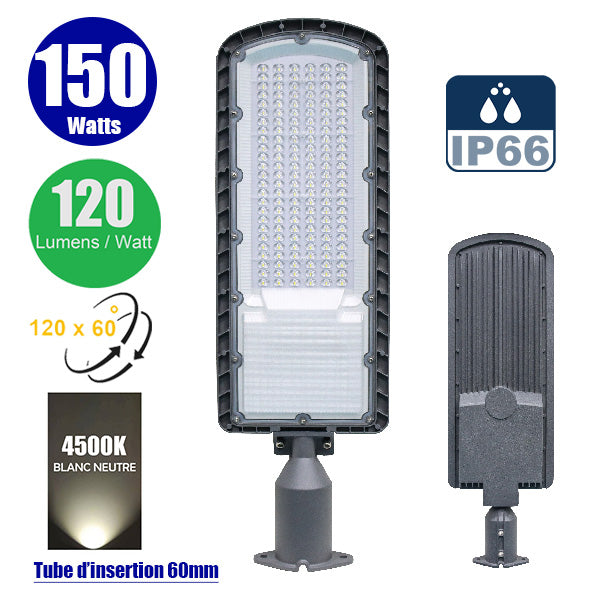 Lampe de rue filaire - Série FLEX ECO - 150 Watts - 18 000 Lumens - 120 Lumens/Watt - Angle 120 x 60° - IP66 - IK08 - 665 x 210 x 80mm - Tube d'insertion 60mm - 4500k