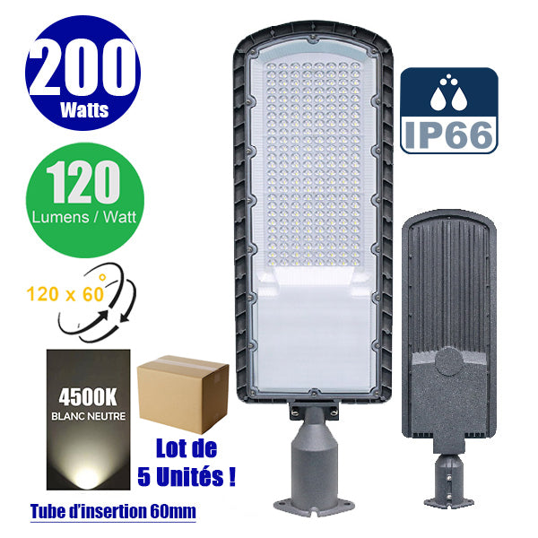 Lot de 5x Lampes de rue filaires - Série FLEX ECO - 200 Watts - 24 000 Lumens - 120 Lumens/Watt - Angle 120 x 60° - IP66 - IK08 - 715 x 230 x 80mm - Tube d'insertion 60mm - 4500k