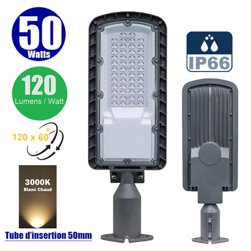 Lampe de rue filaire - Série FLEX ECO - 50 Watts - 6000 Lumens - 120 Lumens/Watt - Angle 120 x 60° - IP66 - IK08 - 493 x 170 x 70mm - Tube d'insertion 50mm - 3000k