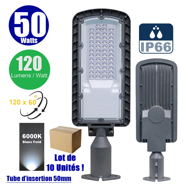 Lot de 10x Lampes de rue filaires - Série FLEX ECO - 50 Watts - 6000 Lumens - 120 Lumens/Watt - Angle 120 x 60° - IP66 - IK08 - 493 x 170 x 70mm - Tube d'insertion 50mm - 6000k
