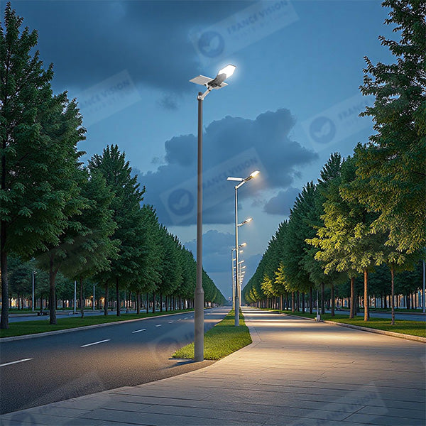 Lot de 5x Lampes de rue solaire - Série INTERSTELLAR ELITE 800 Watts - 5600 Lumens - Angle 150*70° - IP66 - Lampe 75 x 34 x 10 cm - Panneau MONO 67 x 45 x 3 cm - Contrôleur intelligent - Avec télécommande - 3000k - Support inclus - Capteur crépusculaire