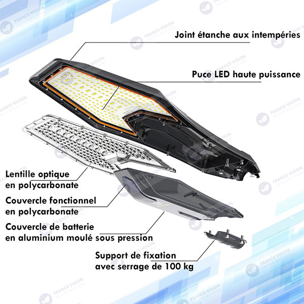 Lot de 4x Lampes de rue solaires - Série INTERSTELLAR ELITE PIR - 800 Watts - 5600 Lumens - Angle 150*70° - IP66 - Lampe 75 x 34 x 10 cm - Panneau 67 x 45 x 3 cm - Contrôleur intelligent - Télécommande - Support inclus - Détecteur de mouvement - 6000k