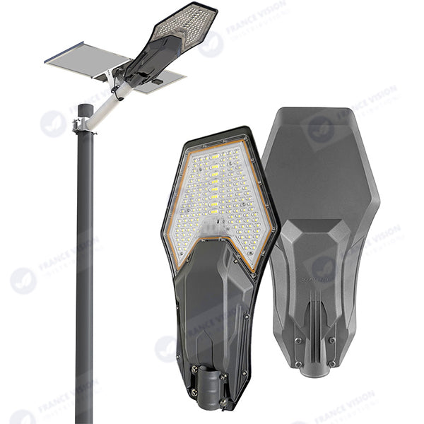 Lot de 5x Lampes de rue solaire - Série INTERSTELLAR ELITE 800 Watts - 5600 Lumens - Angle 150*70° - IP66 - Lampe 75 x 34 x 10 cm - Panneau MONO 67 x 45 x 3 cm - Contrôleur intelligent - Avec télécommande - 3000k - Support inclus - Capteur crépusculaire