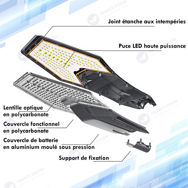 Lot de 5x Lampes de rue solaire - Série INTERSTELLAR ELITE 800 Watts - 5600 Lumens - Angle 150*70° - IP66 - Lampe 75 x 34 x 10 cm - Panneau MONO 67 x 45 x 3 cm - Contrôleur intelligent - Avec télécommande - 3000k - Support inclus - Capteur crépusculaire