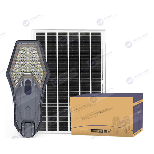 Lot de 4x Lampes de rue solaires - Série INTERSTELLAR ELITE PIR - 800 Watts - 5600 Lumens - Angle 150*70° - IP66 - Lampe 75 x 34 x 10 cm - Panneau 67 x 45 x 3 cm - Contrôleur intelligent - Télécommande - Support inclus - Détecteur de mouvement - 6000k