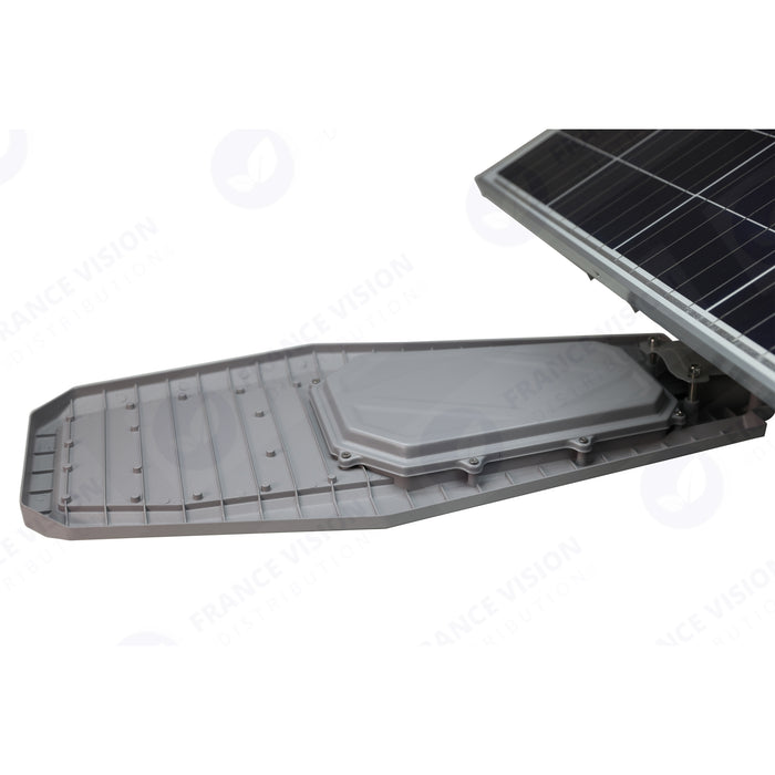 Lampe de rue solaire - Série INTERSTELLAR ULTRA - 600 Watts - 3600 Lumens - Angle 150x70° - IP65 - Lampe 62 x 30 x 8 cm - Panneau 67 x 45 cm - Controleur intelligent - Avec télecommande - Capteur PIR - 6000k - Support inclus - Capteur crépusculaire
