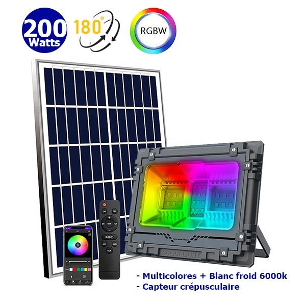 Projecteur LED solaire - Série WARRIOR RGBW (Multicolores + Blanc) - 200 Watts - Angle 120° - Lampe 31 x 24 x 7 cm - Panneau solaire 43 x 35 cm - IP67 - Avec télécommande - Avec capteur crépusculaire