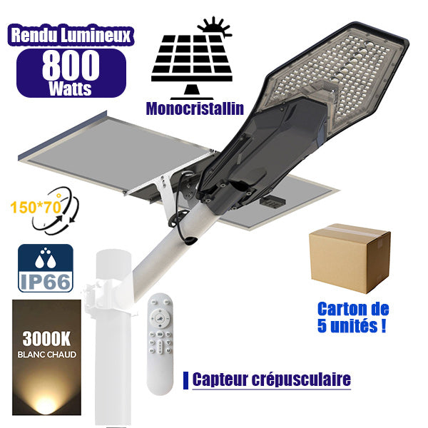 Lot de 5x Lampes de rue solaire - Série INTERSTELLAR ELITE 800 Watts - 5600 Lumens - Angle 150*70° - IP66 - Lampe 75 x 34 x 10 cm - Panneau MONO 67 x 45 x 3 cm - Contrôleur intelligent - Avec télécommande - 3000k - Support inclus - Capteur crépusculaire