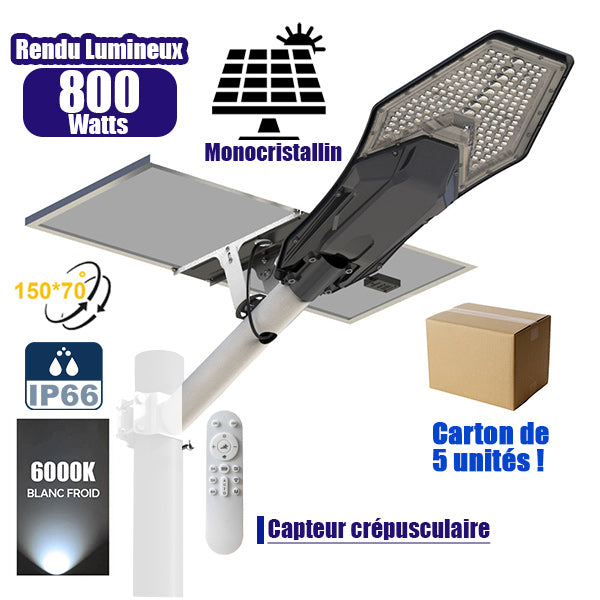 Lot de 5x Lampes de rue solaire - Série INTERSTELLAR ELITE 800 Watts - 5600 Lumens - Angle 150*70° - IP66 - Lampe 75 x 34 x 10 cm - Panneau MONO 67 x 45 x 3 cm - Contrôleur intelligent - Avec télécommande - 6000k - Support inclus - Capteur crépusculaire