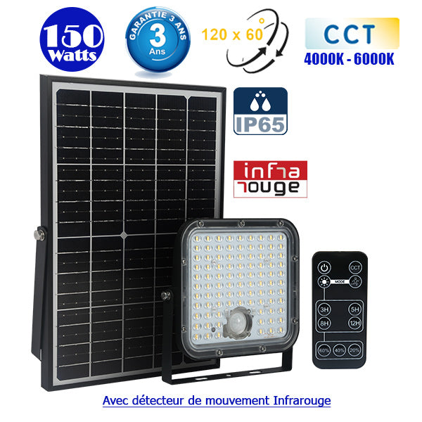 Lot de 8x Projecteurs LED solaires CCT (Couleur Changeante en Température) - Série SECURITY V1 - Rendu lumineux 150 Watts - 1500 lumens - Angle 120° x 60° - IP65 - Lampe 14 x 15 x 3 cm - Panneau solaire monocristallin - Détecteur Infrarouge - Télécommande