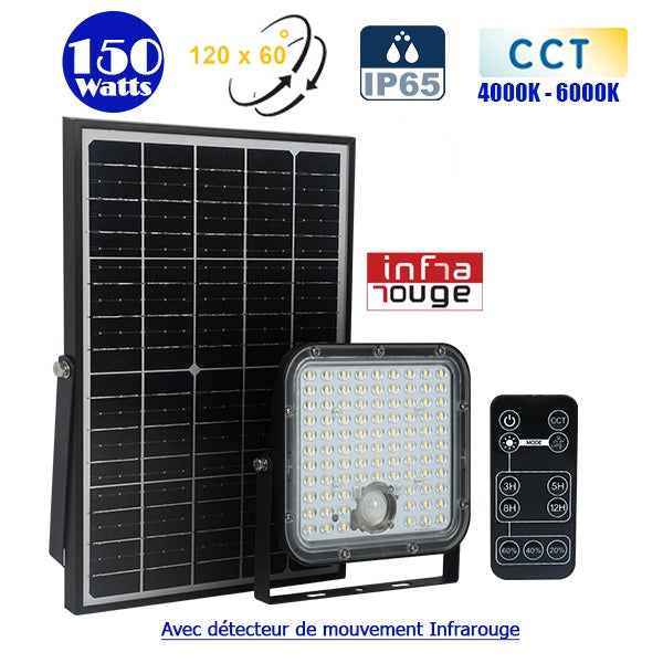 Projecteur LED solaire CCT (Couleur Changeante en Température) - Série SECURITY V1 - Rendu lumineux 150 Watts - 1500 lumens - Angle 120° x 60° - IP65 - Lampe 14 x 15 x 3 cm - Panneau solaire monocristallin - Détecteur Infrarouge - Télécommande