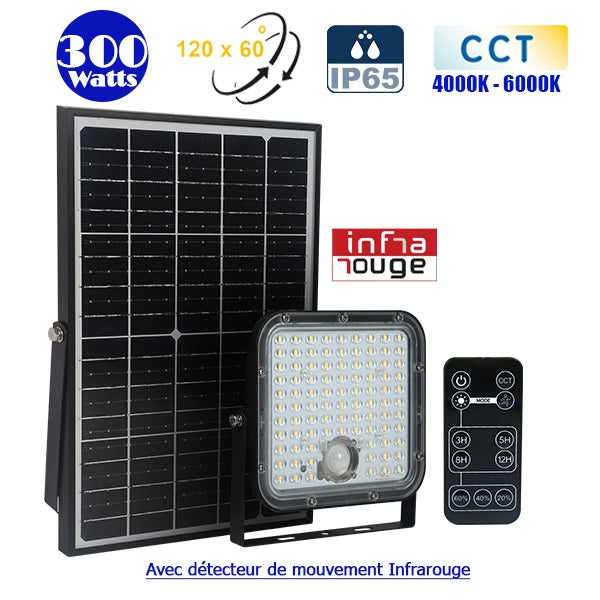 Lot de 8x Projecteurs LED solaires CCT (Couleur Changeante en Température) - Série SECURITY V1 - Rendu lumineux 300 Watts - 4800 lumens - Angle 120° x 60° - IP65 - Lampe 20 x 19 x 5 cm - Panneau solaire monocristallin - Détecteur PIR