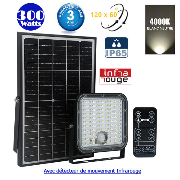 Lot / Carton de 8x Projecteurs LED solaires - Série SECURITY V1 - Rendu lumineux 300 Watts - 4800 lumens - Angle 120° x 60° - IP65 - 4000k - Lampe 20 x 19 x 5 cm - Panneau solaire monocristallin - Détecteur PIR - Télécommande