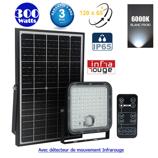 Projecteur LED solaire - Série SECURITY V1 - Rendu lumineux 300 Watts - 4800 lumens - Angle 120° x 60° - IP65 - 6000k - Lampe 20 x 19 x 5 cm - Panneau solaire monocristallin ajustable 35 x 24 x 2 cm - Détecteur PIR - Télécommande