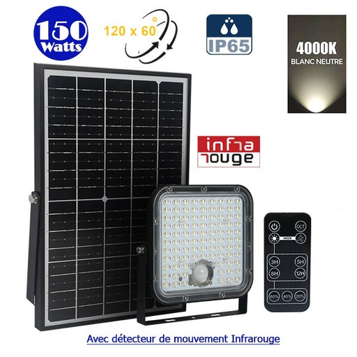 Projecteur LED solaire - Série SECURITY V1 - Rendu lumineux 150 Watts - 1500 lumens - Angle 120° x 60° - IP65 - 4000k - Lampe 14 x 15 x 3 cm - Panneau solaire monocristallin ajustable 22 x 18 x 2 cm - Détecteur Infrarouge - Télécommande