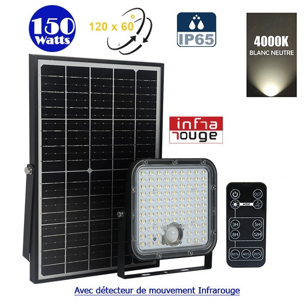 Projecteur LED solaire - Série SECURITY V1 - Rendu lumineux 150 Watts - 1500 lumens - Angle 120° x 60° - IP65 - 4000k - Lampe 14 x 15 x 3 cm - Panneau solaire monocristallin ajustable 22 x 18 x 2 cm - Détecteur Infrarouge - Télécommande