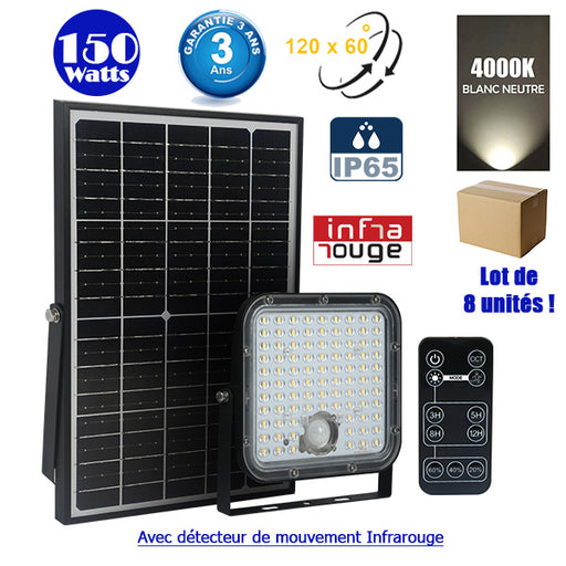 Lot / Carton de 8x Projecteurs LED solaires - Série SECURITY V1 - Rendu lumineux 150 Watts - 1500 lumens - Angle 120° x 60° - IP65 -  4000k - Lampe 14 x 15 x 3 cm - Panneau solaire monocristallin ajustable 22 x 18 x 2 cm - Détecteur PIR - Télécommande